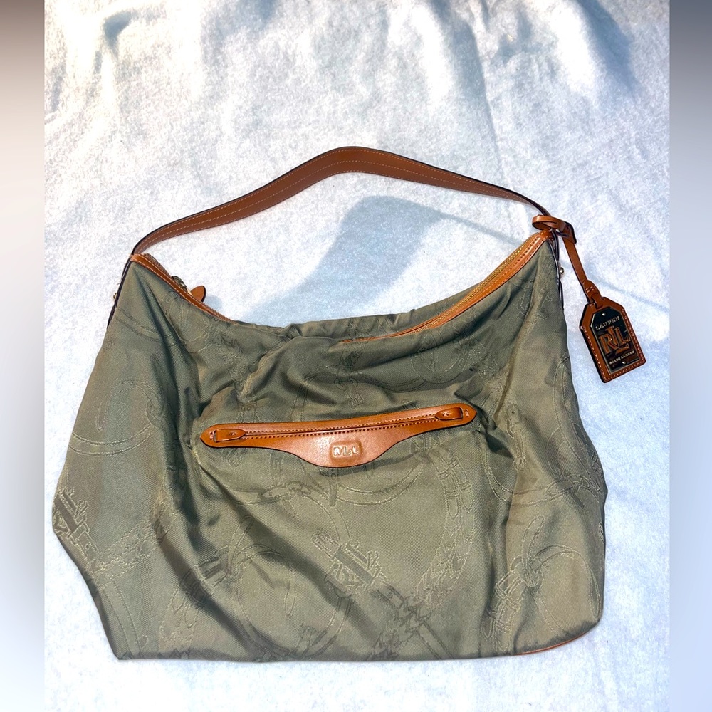 Ralph Lauren green handbag/purse with a faint design in the background